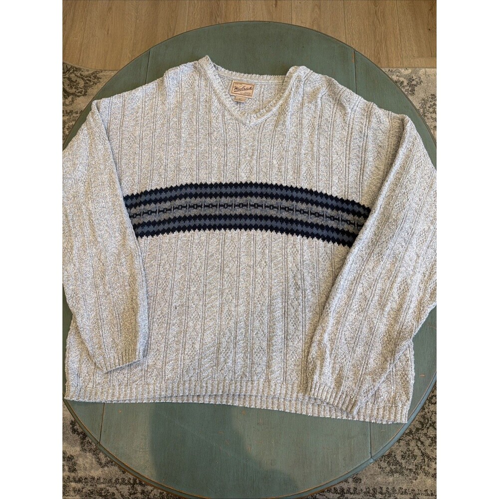 Vtg Woolrich‎ Cream Cable Knit Sweater Striped Band Mens XL 100% Cotton USA